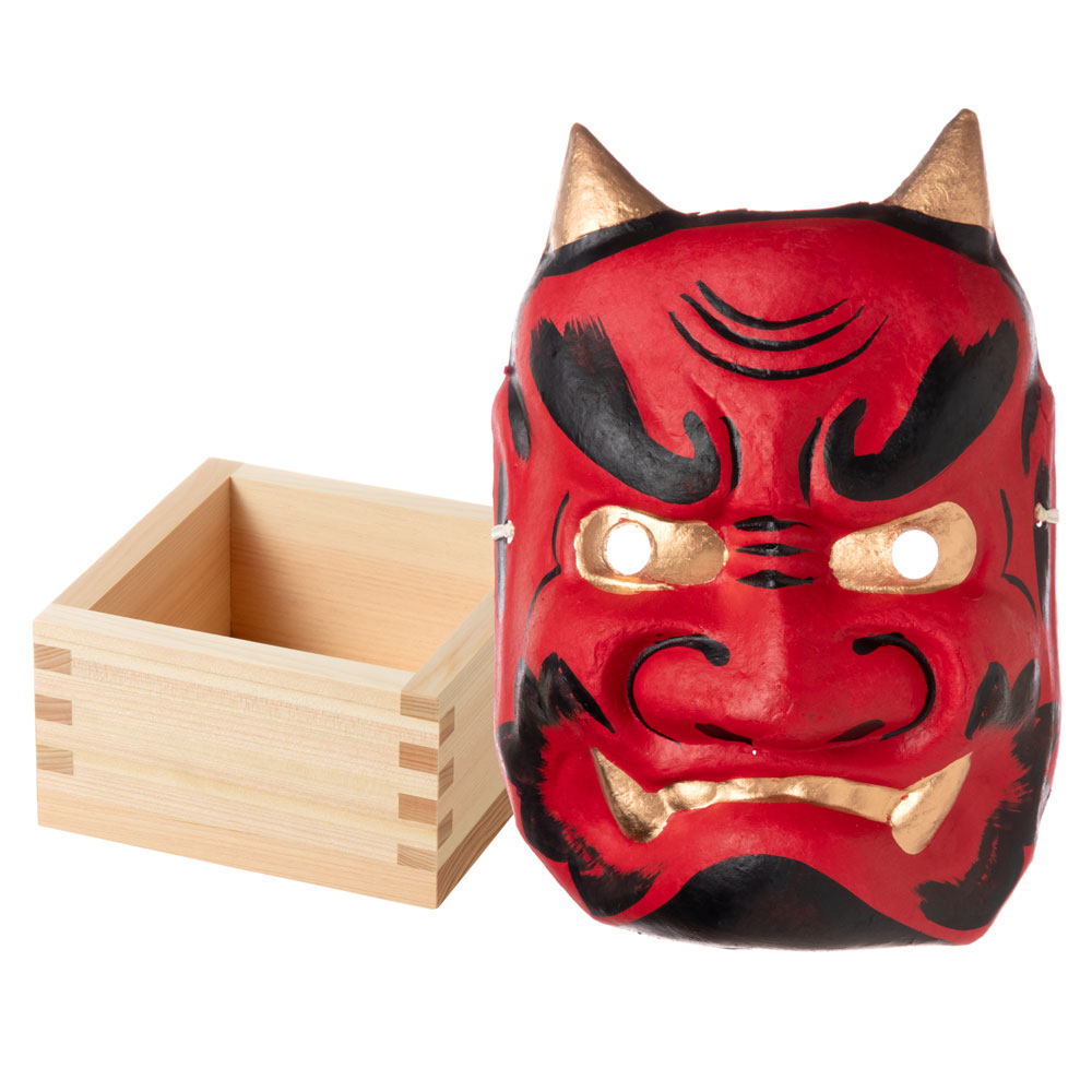 節分セット　ヒノキ枡と鬼の面　二合枡　福豆用の枡と大人用鬼の面　Wooden measuring box and Japanese paper ogre mask