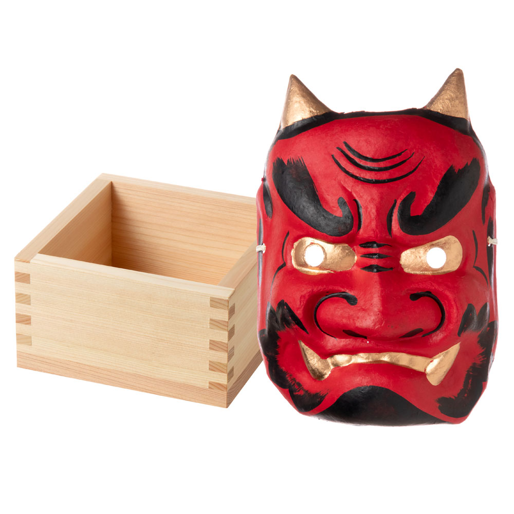 節分セット　ヒノキ枡と鬼の面　五合枡　福豆用の枡と大人用鬼の面　Wooden measuring box and Japanese paper ogre mask