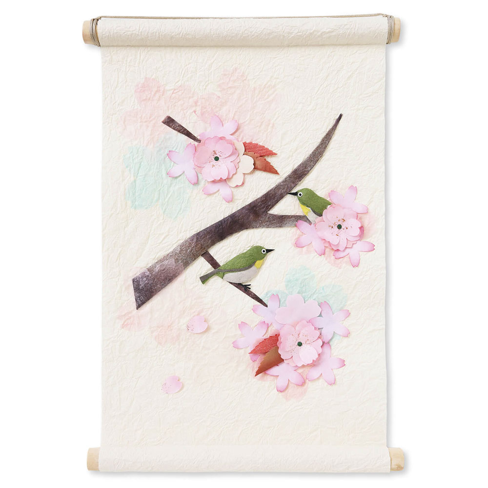 和紙タペストリー　季題掛け軸　桜とめじろ　めでたや　Seasonal decoration, Japanese paper tapestry