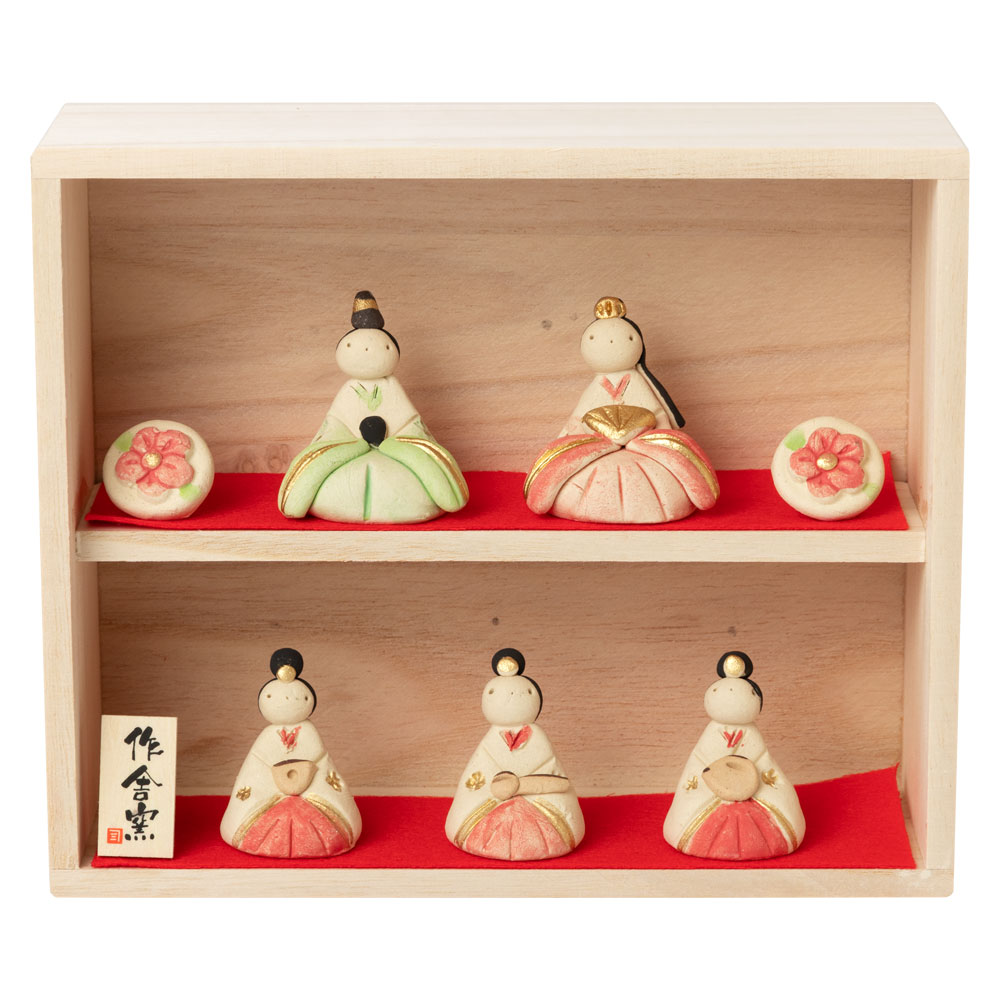雛五人箱納飾り (HK889)　木箱入り　工房SAO　瀬戸焼　手軽に飾れるコンパクトなお雛さま　桃の節句　Setoyaki Hina dolls