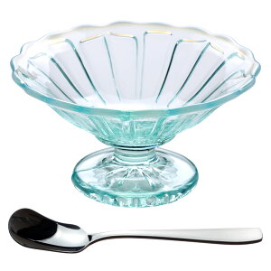 サンデーブルー＋角アイスクリームスプーンセット　廣田硝子　雪の花　レトロなガラス食器セット　Glass tableware set