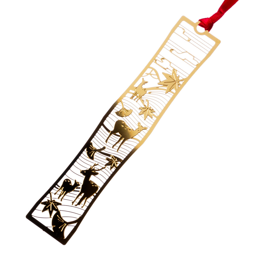 和柄ブックマーカー　若草山と鹿 (WAG032)　金の栞シリーズ　24K表面加工　金属製ブックマーカー　Metal bookmark, Japanese pattern