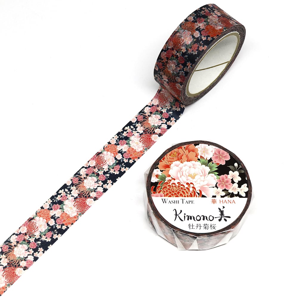 SAIEN　Kimono美　華HANA　マスキングテープ　牡丹菊桜 15mm (GR-1009)　7m巻　友禅柄タイプ　金箔グラ..