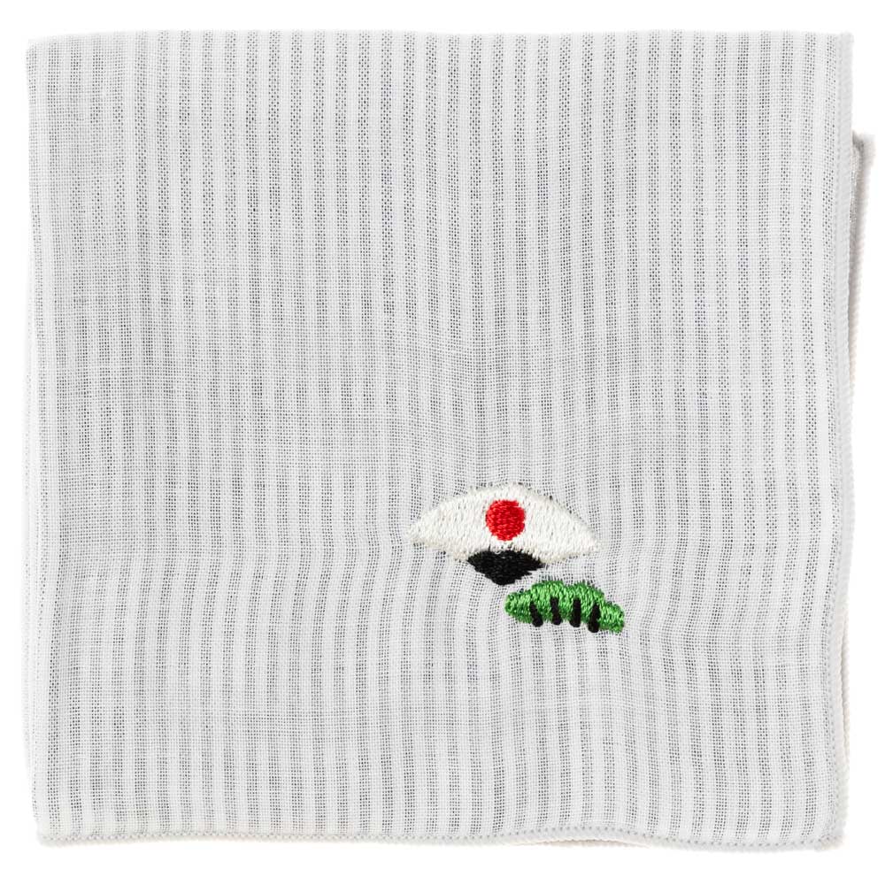 和のたしなみハンカチ　扇子（ストライプ ホワイトグレー）　刺繍入りガーゼハンカチ　スーベニール　Japanese pattern embroidered gauze handkerchief