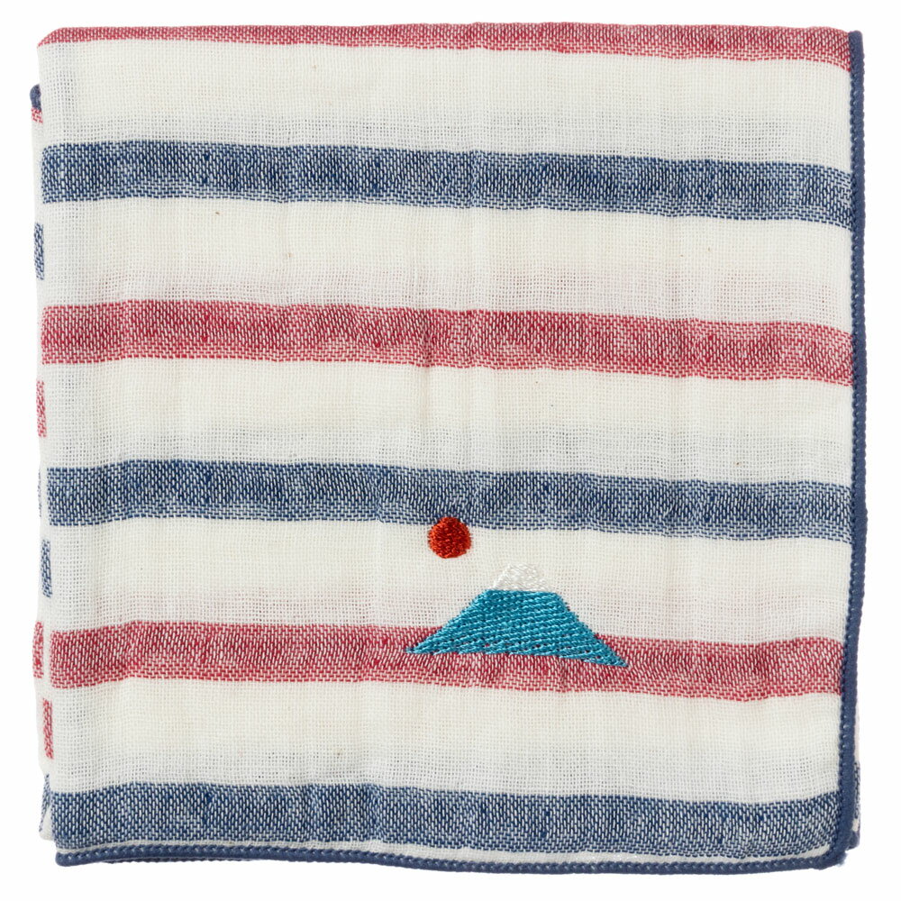 富士山ハンカチ　富士山（ボーダー）　刺繍入りガーゼハンカチ　スーベニール　Japanese pattern embroidered gauze handkerchief