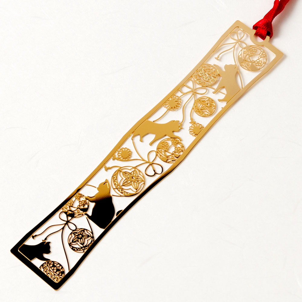和柄ブックマーカー　手まり猫 (WAG004)　金の栞シリーズ　24K表面加工　金属製ブックマーカー　Metal bookmark, Japanese pattern