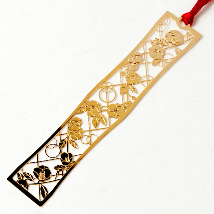 和柄ブックマーカー　咲き椿 (WAG010)　金の栞シリーズ　24K表面加工　金属製ブックマーカー　Metal bookmark, Japanese pattern