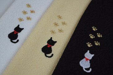 洗えるちりめん刺繍半衿「ネコ・猫・ねこ（白・アイボリー・黒）」