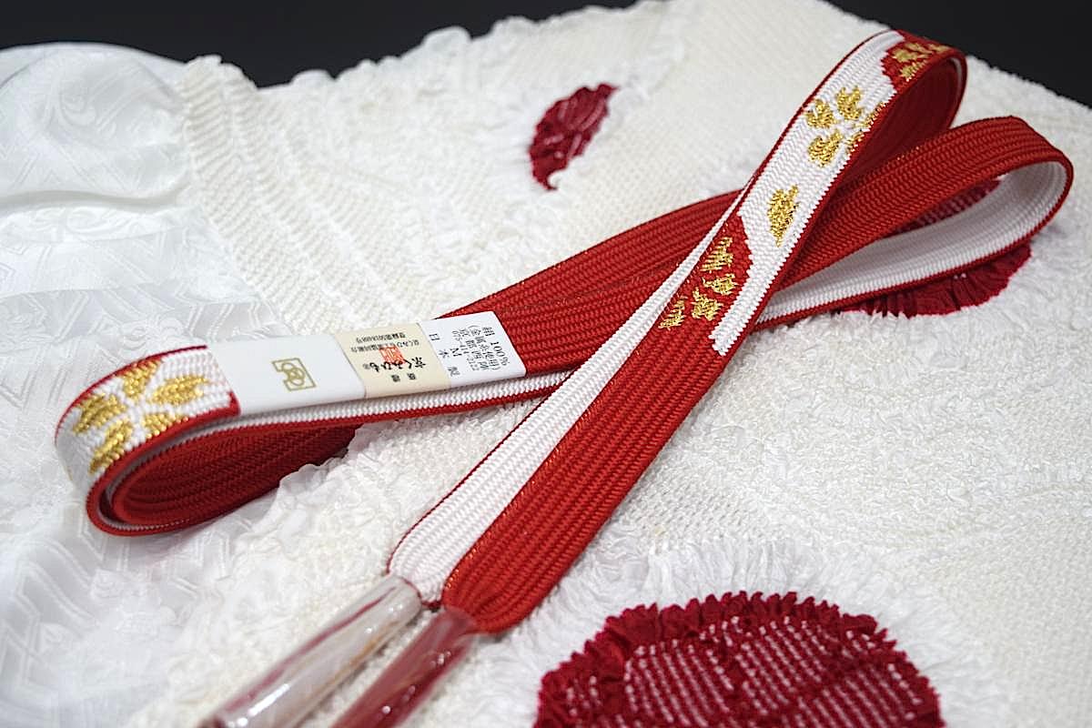【振袖用帯締め】【日本製】【手組み】【広幅 平組】正絹帯締め「流れ桜（赤×金×白）」