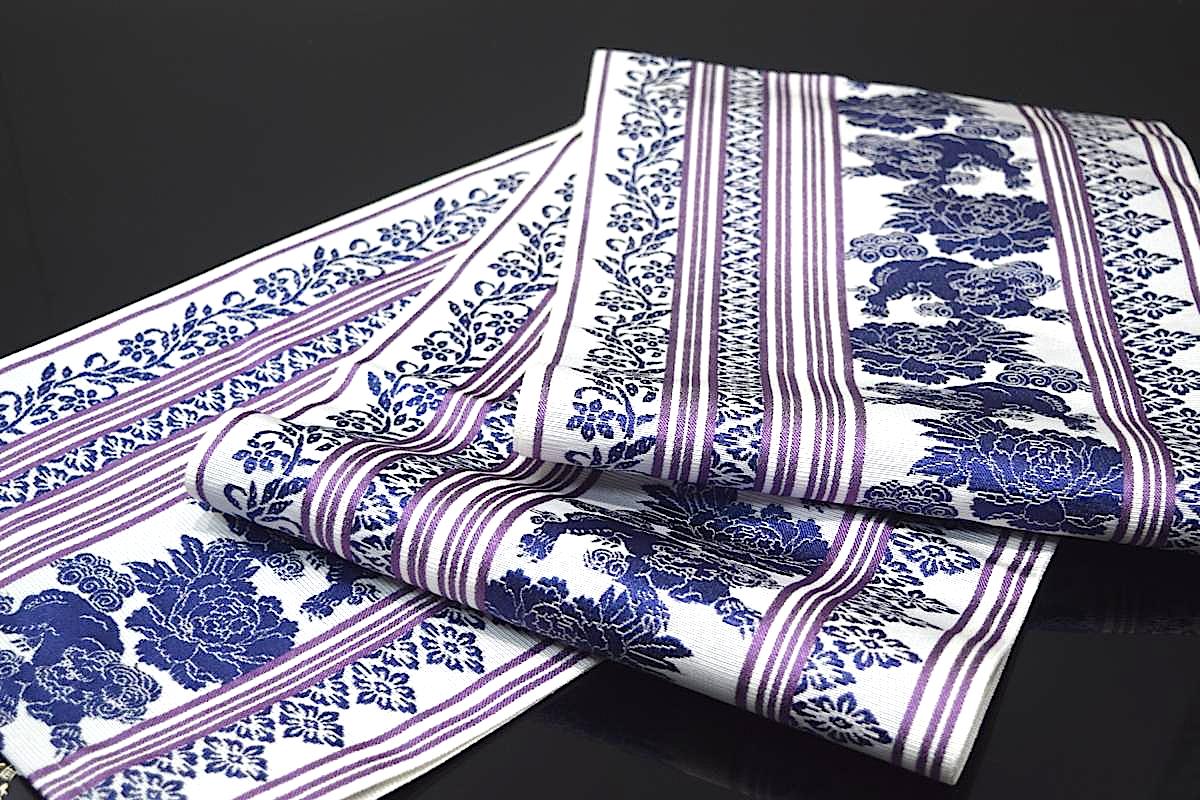 【撫松庵】【帯りぼん】【大正ロマン柄】【大人兵児帯】【浴衣帯】「獅子献上（紫・ムラサキ）」のサムネイル