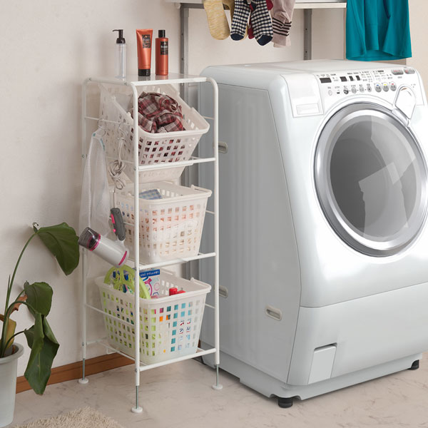 日本製 ランドリーワゴン ランドリーバスケット 3段 天板有 脱衣所 収納 キャスター付 バスケット付 ホワイト NJ-0493