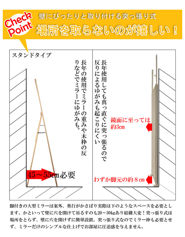 日本製 突っ張り 壁面ミラー 幅40cm つっぱり式 鏡 姿見 スタンドミラー 全身ミラー NJ-0515/NJ-0514