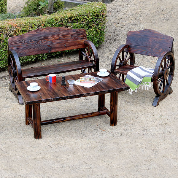 杉松天然木 車輪ベンチ＆焼杉テーブル 3点セット ベンチ大×1 ベンチ小×1 テーブル×1 幅110cm ヴィンテ..