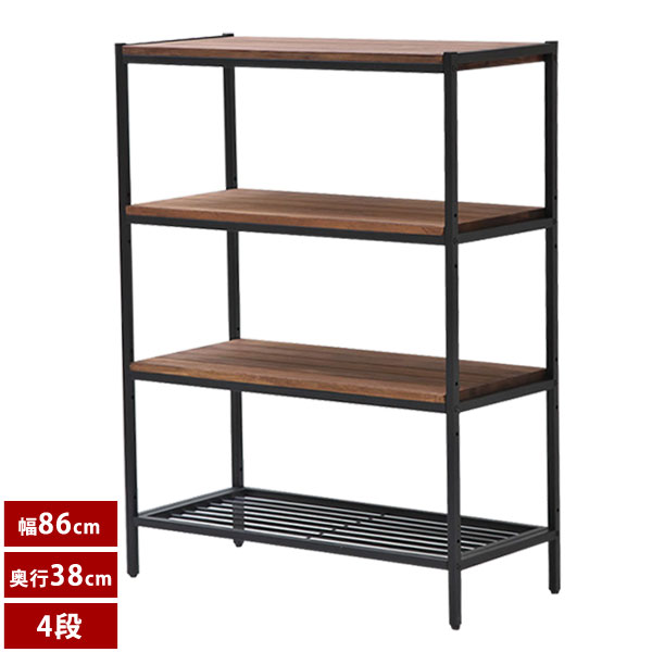 天然木シェルフ4段 アンティーク アイアン ブリック 幅86cm オープンラック PR-860-4BRN