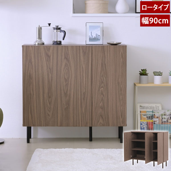 脚付き 扉付き本棚 キャビネット 幅90cm 収納ラック ロータイプ Ravinto リビング収納 FBC-0003-BRBK-JK