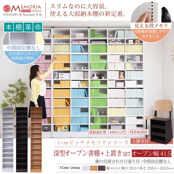1cmピッチ 本棚 深型オープン書棚＋上置きセット 突っ張り 幅41.5cm MEMORIA メモ...