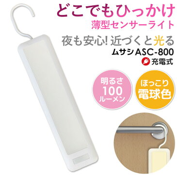 【54%引き】 LEDセンサーライト ムサシ RITEX どこでもひっかけ薄型センサーライト(ASC-800) 防犯ライト フットライト 充電式 人感センサー ライト 屋内用 ledライト 自動点灯 防犯グッズ 間接照明 懐中電灯