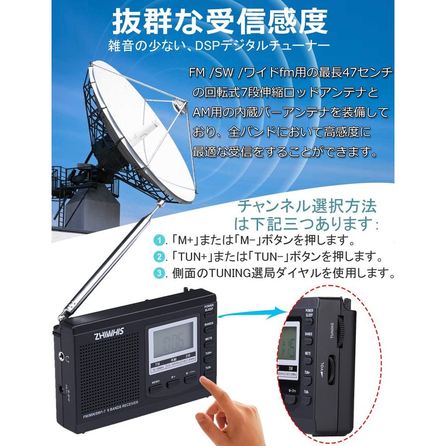 ZHIWHIS ラジオ 小型 防災 クロック FM AM SW ワイドfm対応 電池式 ブラック ZWS-310