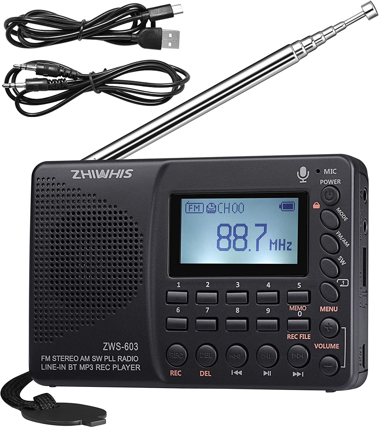 ZHIWHIS 携帯ラジオ 小型 防災 録音 ブルートゥース mp3プレーヤー 対応 充電式 白色 ZWS-603