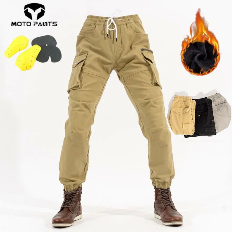 耐磨 腰/膝パッド装備 防風保温 春秋冬 ライダーパンツ 黒色/灰色/カーキ カーゴパンツ プロテクション..