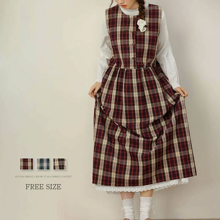 タンクトップワ ノースリーブワンピース ロング ロングワンピース チェック コットン リネン 配色 冬 秋 レディース ワンピース