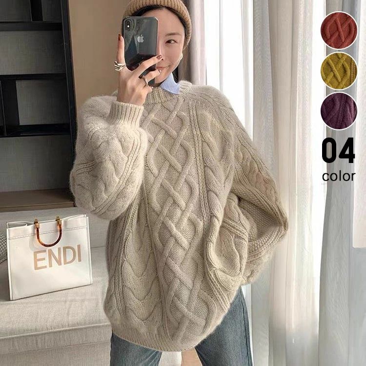 無地 体型カバー ゆったり ミドル丈 40代 30代 20代 ゆったりニット大人 ケーブル編み 長袖 冬 秋 レデ..