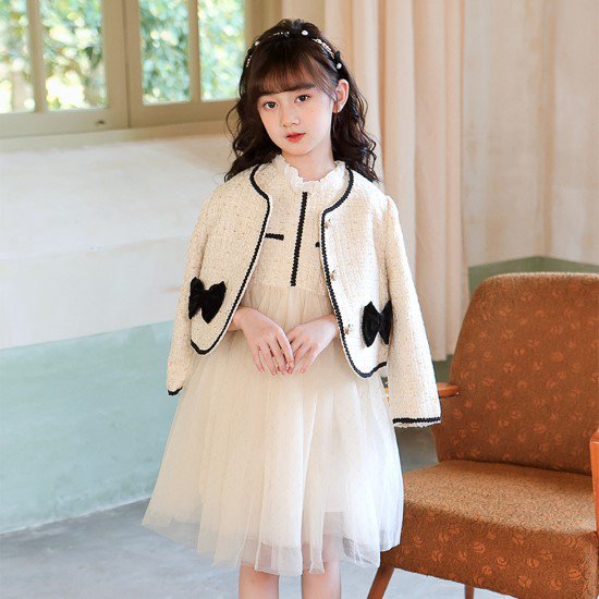 パールボタン フリルネック リボン 長袖ジャケット ノーカラー 2点セット ツーピース ジャケット ノースリーブワンピース 子供服