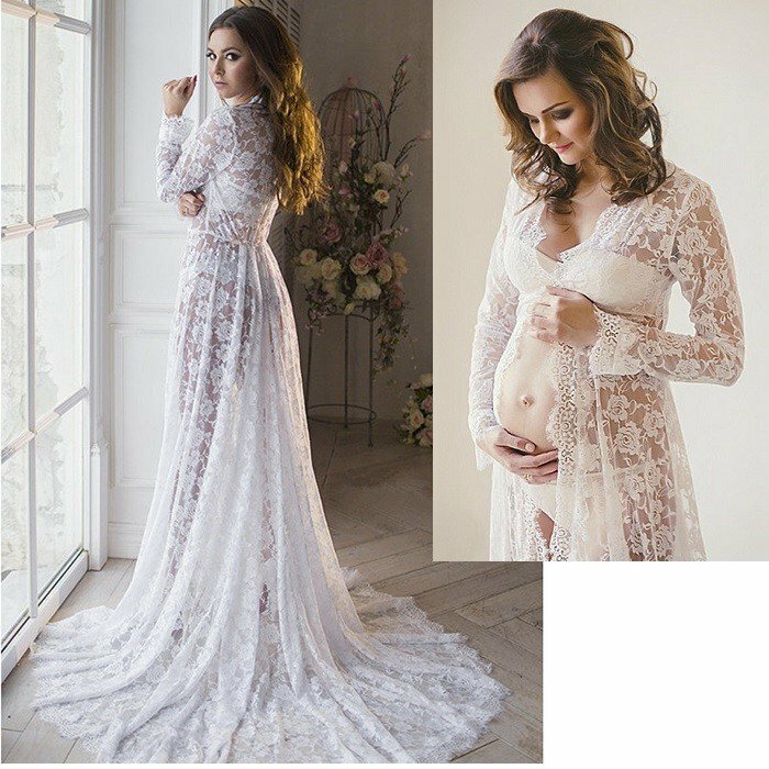 楽天わくわくわく堂記念撮影 思い出 シンプル マキシワンピ マタニティフォト マタニティドレス ロングトレーン 長袖 レース シースルー マタニティ