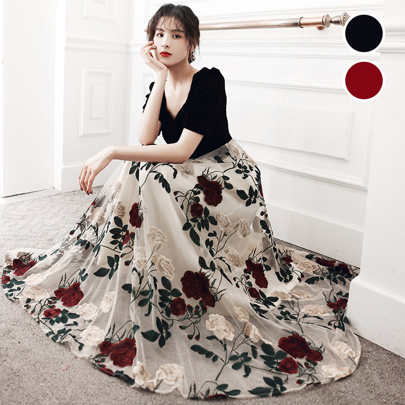 ベ ベロア Aライン パーティードレス 発表会ドレス パフスリーブ ワイン赤 オシャレ ロングドレス チュール ドッキング 花柄 黒