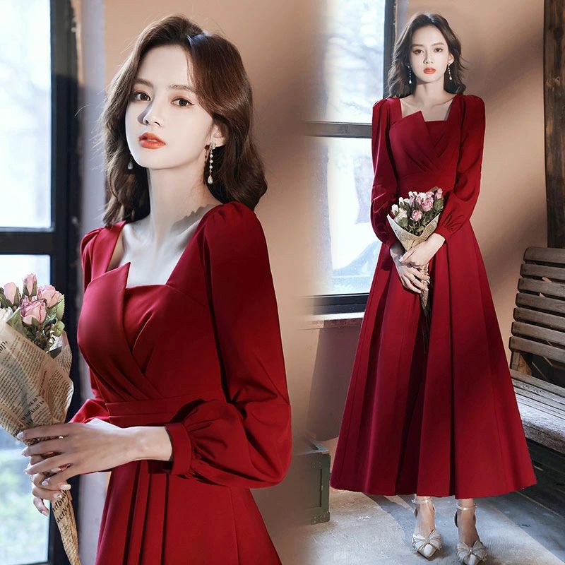 黒 30代 20代 お呼ばれドレス 二次会 ホワイトドレス 誕生日 パーティードレス 膝丈 成人式ドレス 長袖 パフスリーブ ワイン赤