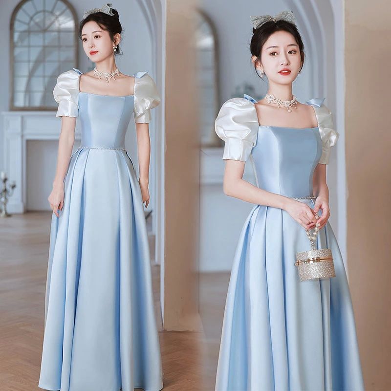 二 オシャレ 高級感 パフスリーブ パーティードレス 発表会 ピアノ フォーマル ロング丈ドレス ドレス 大人 ブルー 可愛いドレス