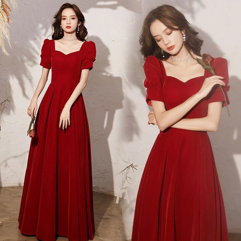 フレア Aライン 発表会ドレス パフスリーブ ゲストドレス ワインレッド 結婚式ドレス 無地 ロングドレス 二次会ドレス ワイン赤