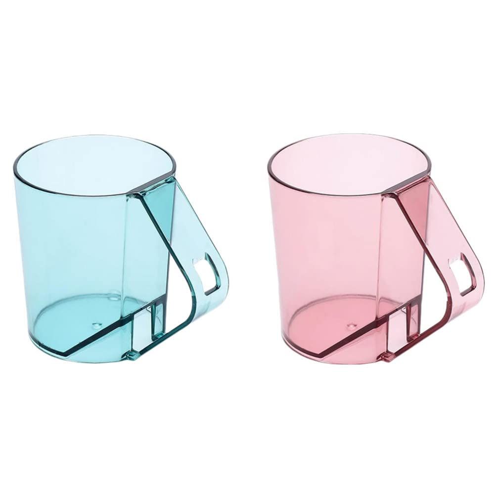 ピンク＋青 2個セット 家族用 浴室 洗面所 歯ブラシコップ おしゃれ 持ち手 水切り 抗菌 うがいコップ 透明