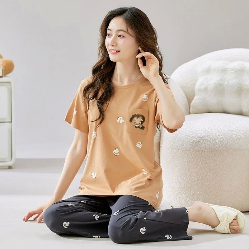 大きいサイズ おしゃれ 可愛い カジュアル シンプル ルームウェア ポケット付き 上下セット 綿 半袖長ズボン 夏用 レディース