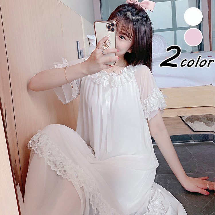 ロン レディース ネグリジェ 半袖 パジャマ オシャレ新作 大人可愛い部屋着 レースネグリジェ 白ワンピース ネグリジェ 姫 春夏