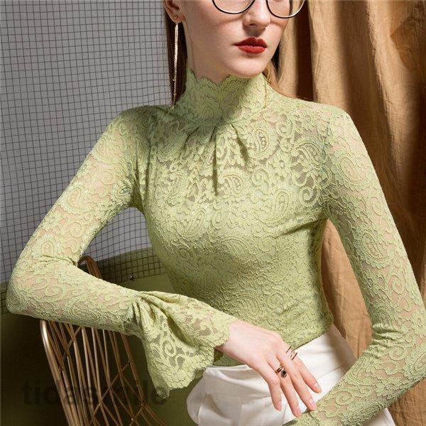 重ね着 着回し おしゃれ フォーマル 通勤 ハイネック フレア袖 レディース 総レース レースシャツ 長袖..