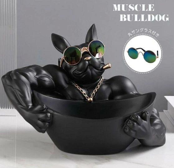 面 おもしろ雑貨 面白いグッズ 面白い誕生日プレゼント ドッグ ブラック 皿持ち 小物入れ ブルドッグ マッスル 置物 犬 犬の置物