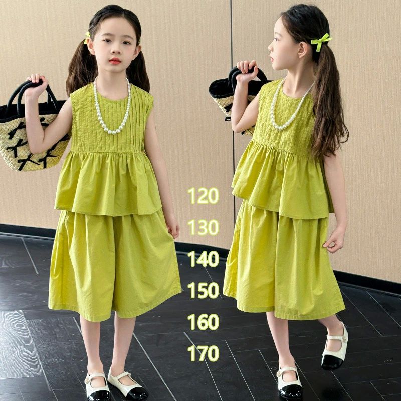 キ スポーツウェア 無地シンプル 可愛い満点夏服 ノースリーブTシャツ 2点セット +ワイドパンツ Tシャ..