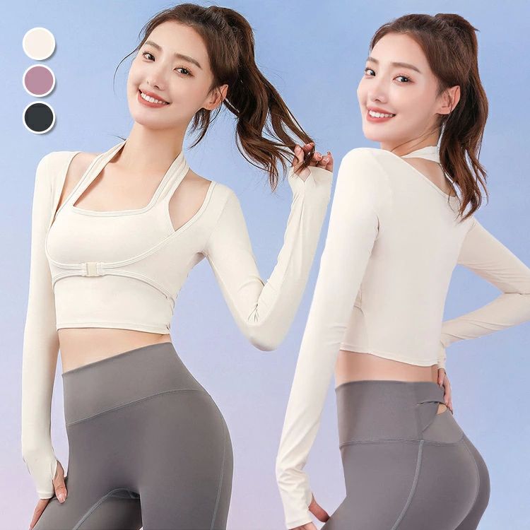 お 可愛い 指穴付き スポーツウェア ヨガトップス ブラトップ 丈短め レイヤード レディース カップ付き へそ出し 長袖 トップス