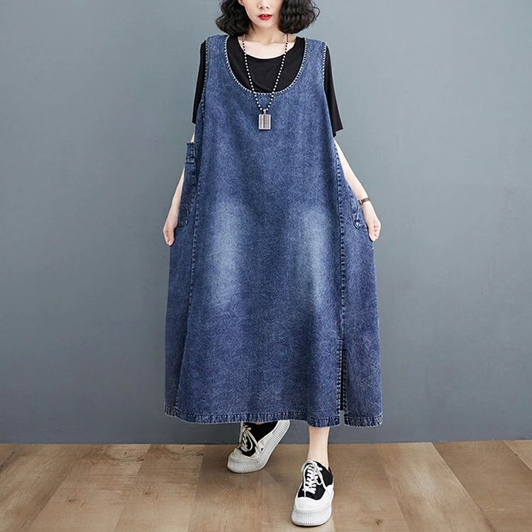 ロン マキシ ワンピース サロペット Uネック ポケット付き ロングワンピース 丸首 デニム ノースリーブ デニムワンピース 夏 春