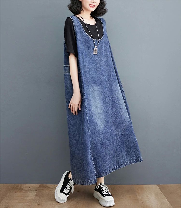 ロン マキシ ワンピース サロペット Uネック ポケット付き ロングワンピース 丸首 デニム ノースリーブ デニムワンピース 夏 春