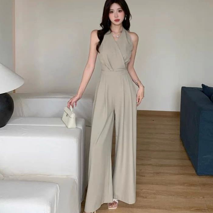 サロペット コンビネゾン オールインワン ロングパンツ ワイド ハイウエスト リボン シャーリング カシュクール ホルターネック