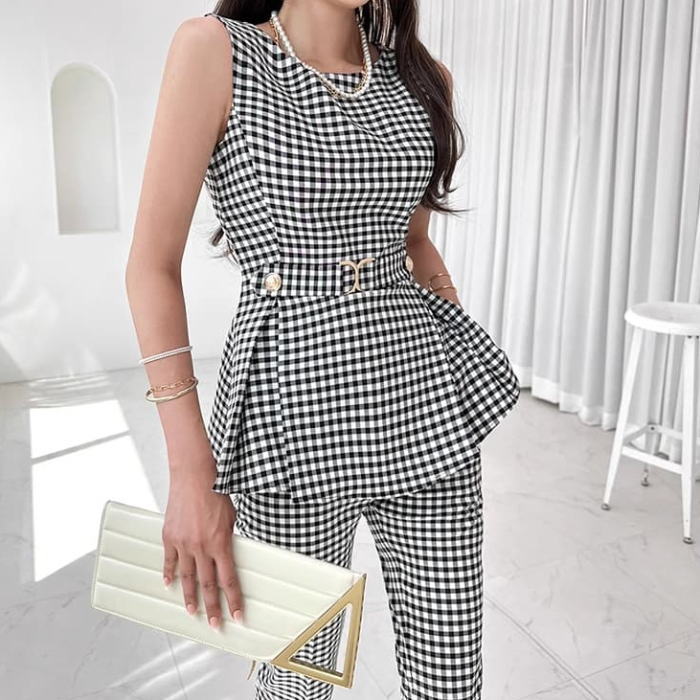 上品 大きいサイズ お嬢様 セットアップ 黒 スーツ ロングパンツ トップス ノースリーブ ペプラム ベルト ギンガムチェック柄