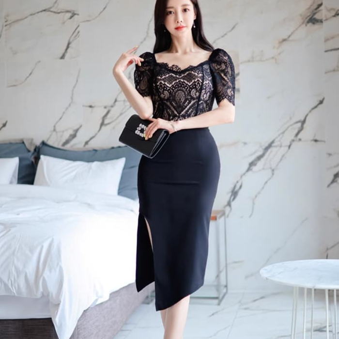 大きい お嬢様 セットアップ 黒 スーツ スカート ミモレ タイト アシンメトリー ハイウエスト トップス 半袖 シースルー レース