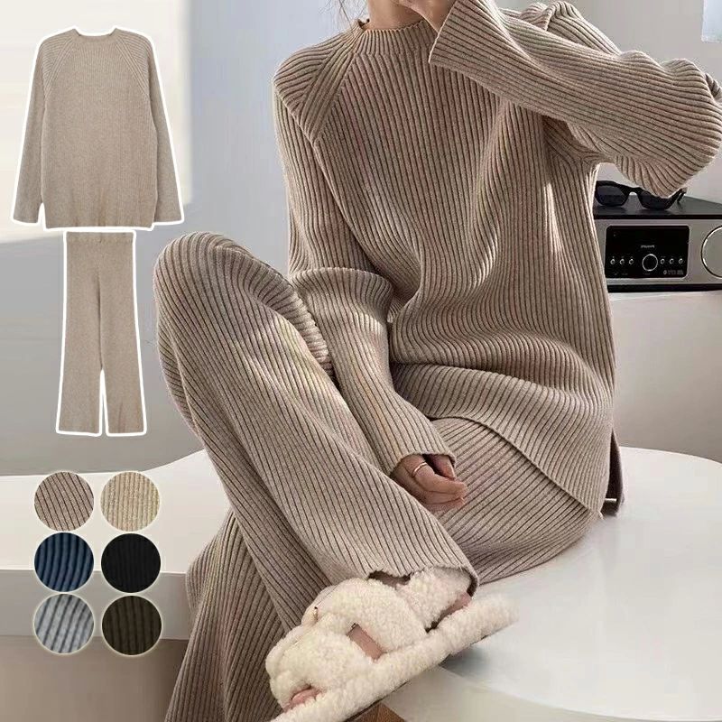 カジ 大人着痩せ オシャレ韓国風 ニットセットアップ ワイドパンツ 無地 ニットセーター リブニット 長..