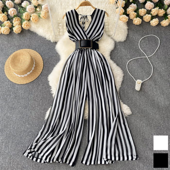 コンビ オールインワン ロングパンツ ワイド ハイウエスト ノースリーブ ベルト リボン Vネック シフォン ドット柄 ストライプ柄