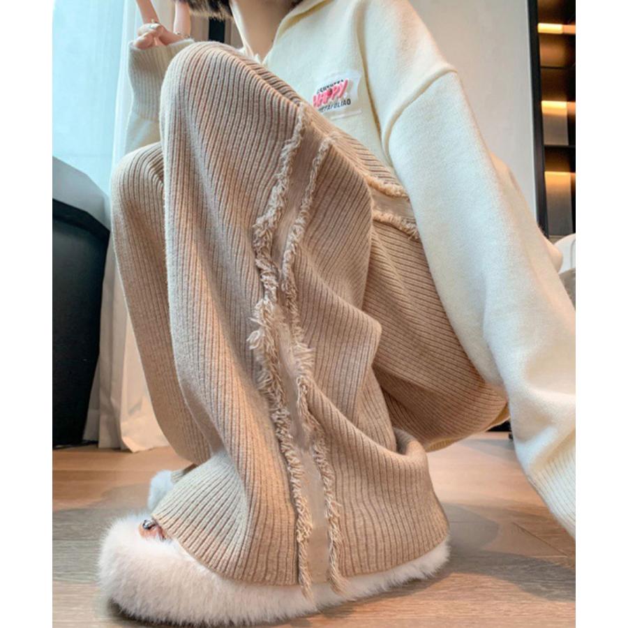 レディース ストレート ワイド ニット リブ フリンジサイドラインニットパンツ 韓国 ワイドニットパンツ