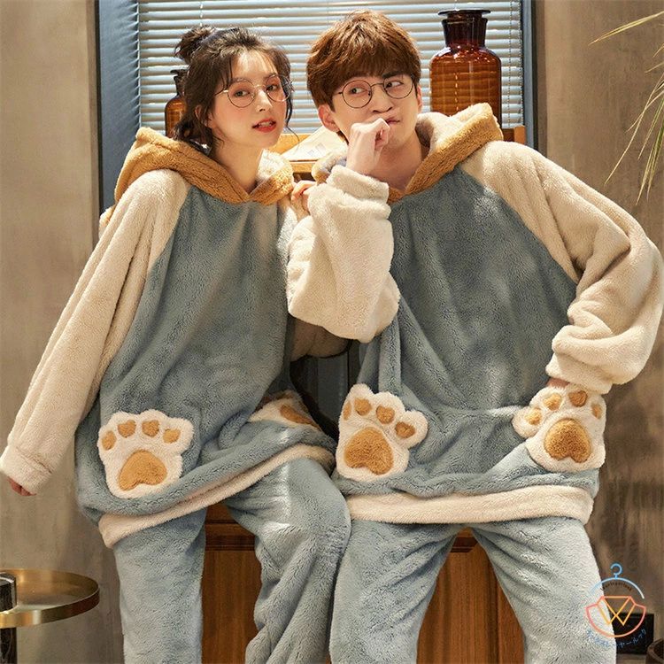 厚手 可愛い フード付き 上下セット お揃い ペアルック カップルパジャマ ルームウェア 長袖 メンズ レ..