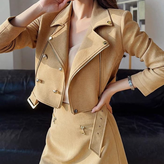 大きいサイ お嬢様 セットアップ 生成 ベージュ スーツ スカート ミニ フレア ハイウエスト ジャケット 長袖 ベルト ライダース