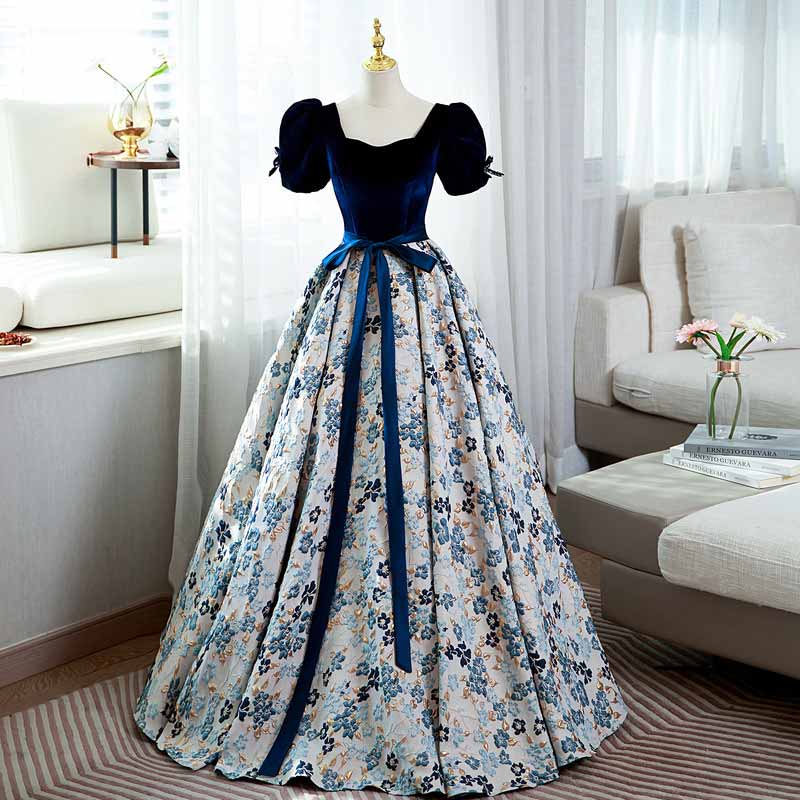 ベルベット ベロア イブニングドレス 花柄 ネイビー 演奏会ドレス ピアノ発表会ドレス ロングドレス ドレス 可愛い ワンピース
